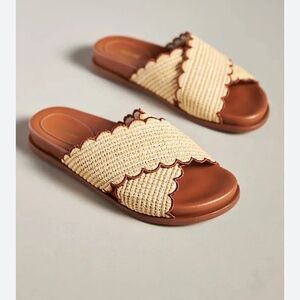 Maeve Cream Woven Scallop-Edge Slide Sandals with Brown Trim